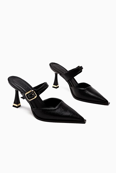 Limoya Yim Black Buckle Front Covered Heeled Women's Shoes