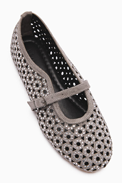 Limoya Nicki Gray Suede Oval Toe Perforated Stone Detailed Single Strap Casual Women's Shoes