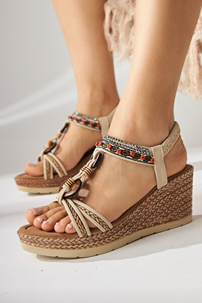 Limoya Jona Beige Buckle Women's Sandals with Elastic Back and Wedge Heels Opportunity Product