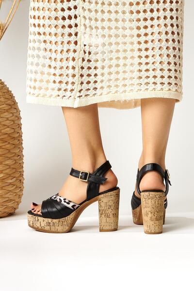 Limoya Farah Black Wedge Heeled Platform Leopard Detailed Women's Sandals