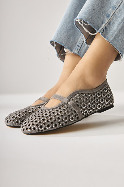 Limoya Nicki Gray Suede Oval Toe Perforated Stone Detailed Single Strap Casual Women's Shoes