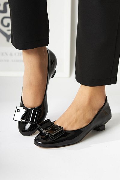 Limoya Sian Black Patent Leather Buckle Detailed Short Heeled Women's Shoes