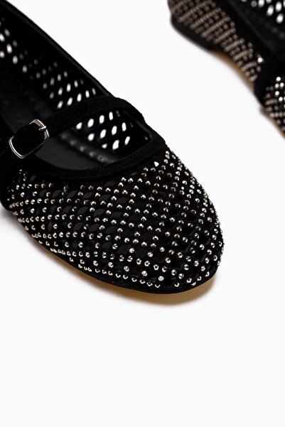 Limoya Nicole Black Suede Oval Toe Perforated Stone Detailed Single Strap Casual Women's Shoes