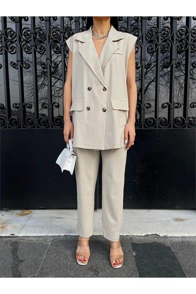modamtn Striped Long Vest - Pants Suit Polvi̇scon - Beige