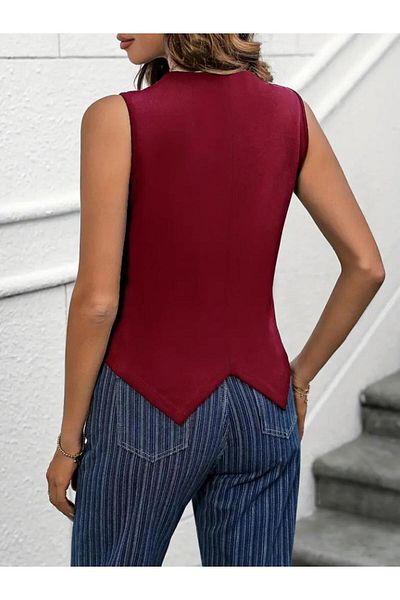 Moda Ebrar سترة أطلس نسائية بدون أكمام وياقة على شكل حرف V وأزرار أمامية
