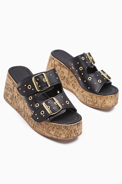 Limoya Genja Black Trock Wedge Heeled Women's Slippers