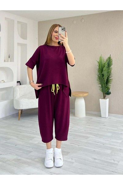 modamtn Women's Short Sleeve Crew Neck Viscose Two Thread Blouse and Pants Double Set