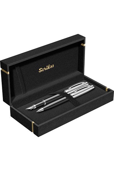 Scrikss 39 Fountain Pen + Ballpen Double Set Black Chrome (Lifetime Warranty-Luxury Box)