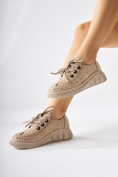 Limoya Juli Beige Suede Lace-Up Casual Women's Shoes