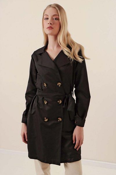 modamtn 5864 Double Breasted Collar Short Trench Coat - Black