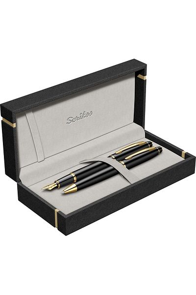 Scrikss 35 Fountain Pen + Ballpen Double Set Matte Black Gold (Lifetime Warranty-Luxury Boxed)