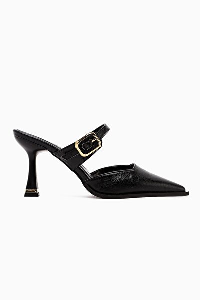 Limoya Yim Black Buckle Front Covered Heeled Women's Shoes
