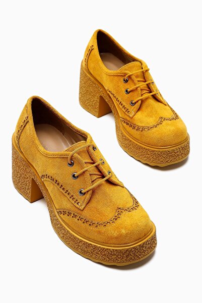 Limoya Lenie Mustard Suede Casual Shoes with Laser Cut Detail