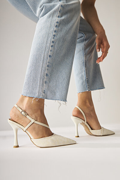 Limoya Genuine Leather Sarah Beige Crocodile Patterned Pointed Toe Heeled Women's Shoes