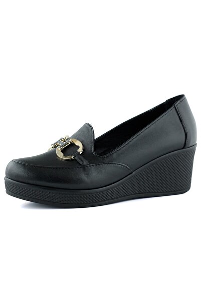 Erkan Saçmacı Hayley Black Genuine Cowhide Leather Buckle Round Toe Wedge Heels Casual Shoes