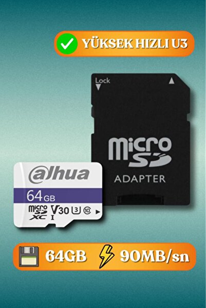 DAHUA C100A 64GB MicroSDXC U3 Hafıza Kartı + SD Adaptör (Güvenlik Ve Araç Kamerası Uyumlu)
