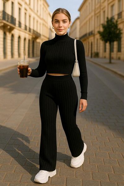 modamtn Women's Long Sleeve Turtleneck Crop and Trousers Hooded Camisole Double Set