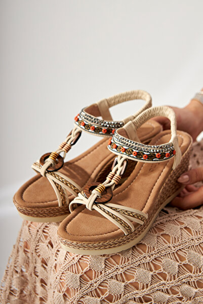 Limoya Jona Beige Buckle Women's Sandals with Elastic Back and Wedge Heels Opportunity Product