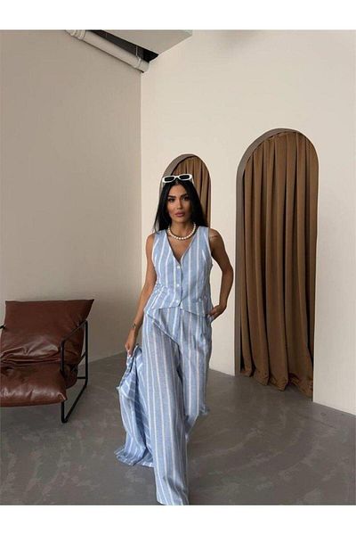 modamtn Striped Linen Vest-Pants Suit - Blue