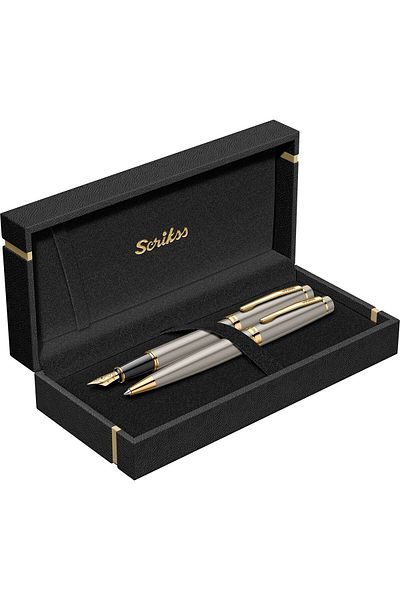 Scrikss 38 Fountain Pen + Ballpen Double Set Satin Gold (Lifetime Guaranteed-Luxury Boxed)