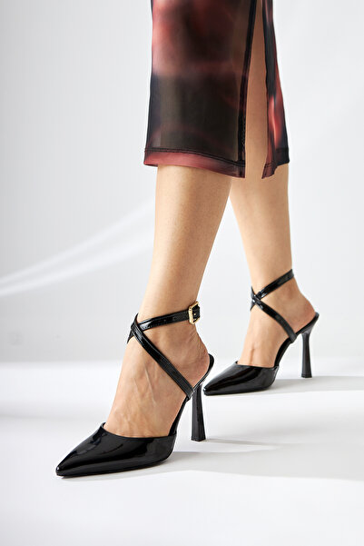 Limoya Elsi Black Patent Leather Ankle Strap Women's Heeled Shoes