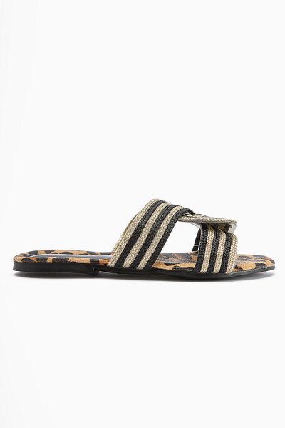Limoya Nihaal Gold Leopard Cross Strap Flat Sole Women's Slippers