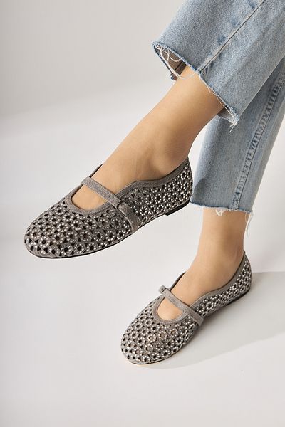 Limoya Nicki Gri din piele intoarsa varf oval perforat piatra detaliata o singura curea pantofi casual dama