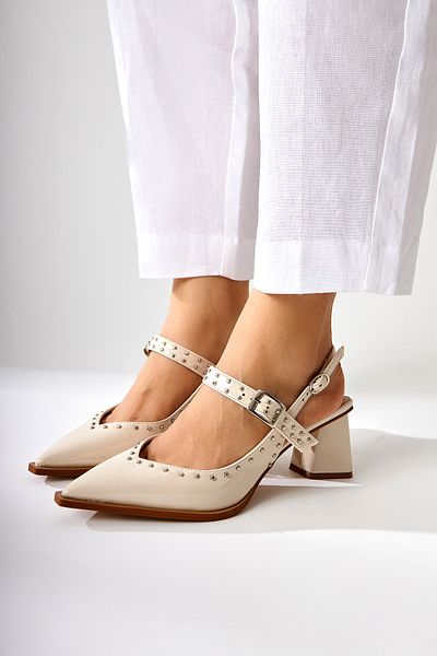 Limoya Nuria Beige Patent Leather Pointed Toe Strappy Women's Sandals