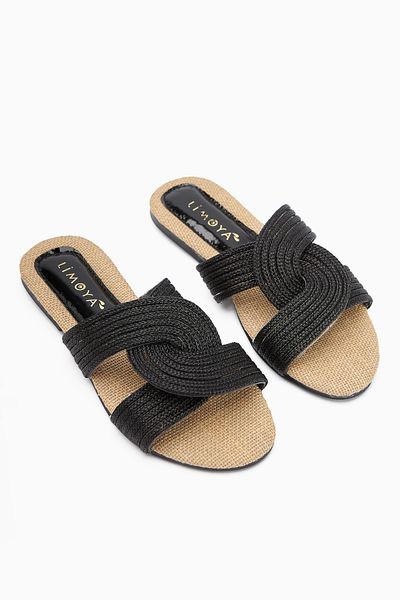 Limoya Papuci de damă Nihaal Black Straw Cross Banded cu talpă plată