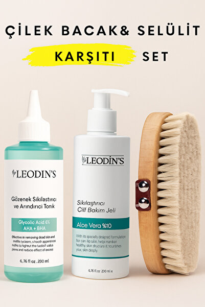 LEODİNS Selülit Ve Çilek Bacak Karşıtı Bakım Seti | At Kılı Fırçası Sıkılaştırıcı Jel Tonik