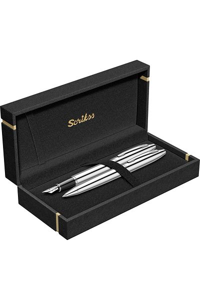 Scrikss 35 Fountain Pen + Ballpen Double Set Chrome (Lifetime Warranty-Luxury Boxed)