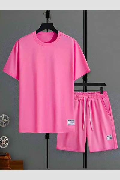 Sweetline Νέο σχέδιο T-Shirt Σορτς - Ροζ κάτω μπλουζάκι με συνδυασμό σορτς μπλουζάκι με στάμπα Oversize Crew Neck