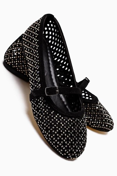 Limoya Nicole Black Suede Oval Toe Perforated Stone Detailed Single Strap Casual Women's Shoes