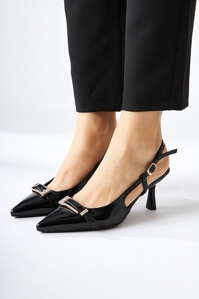 Limoya Mina Black Patent Leather Buckle Pointed Toe Heeled Women's Sandals