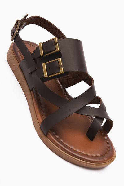 Limoya Genuine Leather Doraseos Buckle Detailed Brown Gladiator Sandals