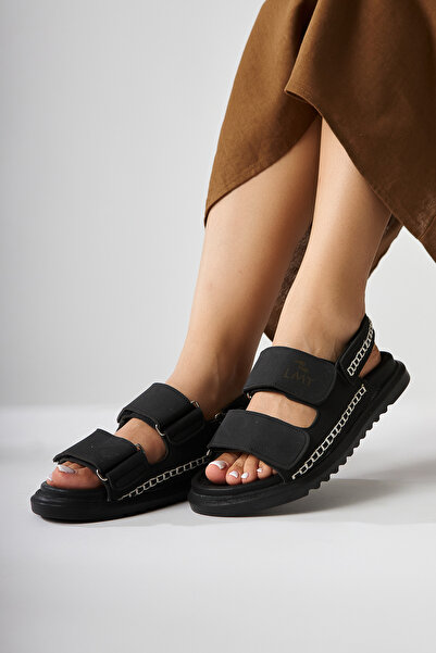 Limoya Sanna Black Embroidery Detailed Velcro Women's Sandals