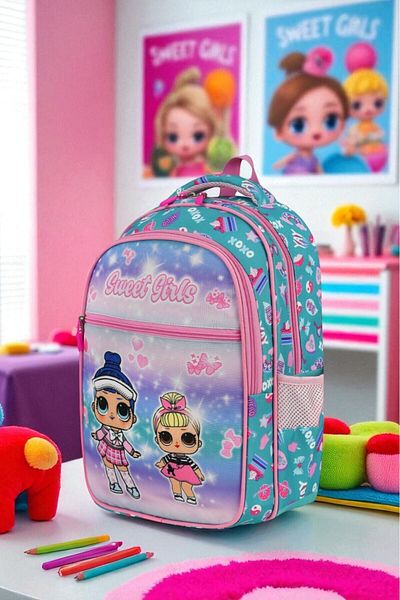 Shopiolog Primary School Orthopedic Waterproof Water Bottle 3 Compartments Nutritional 2-Piece Primary School Girl Backpack