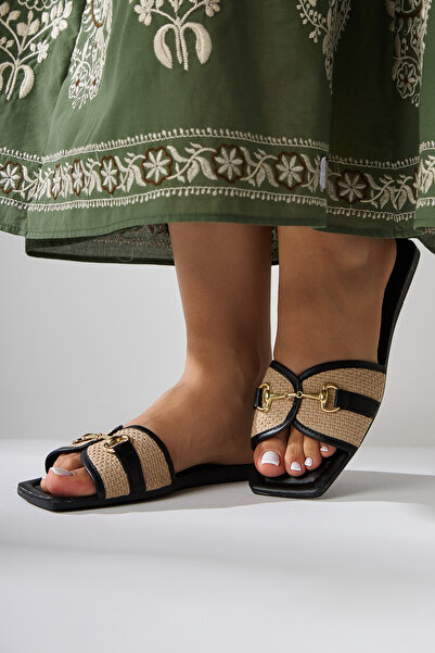 Limoya Elanor Black Buckle Flat Sole Women's Slippers