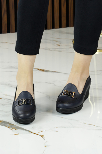 Erkan Saçmacı Dafne Lacivert Справжня шкіра теляча з пряжкою, круглим носком і підбором на підкладці, повсякденне взуття