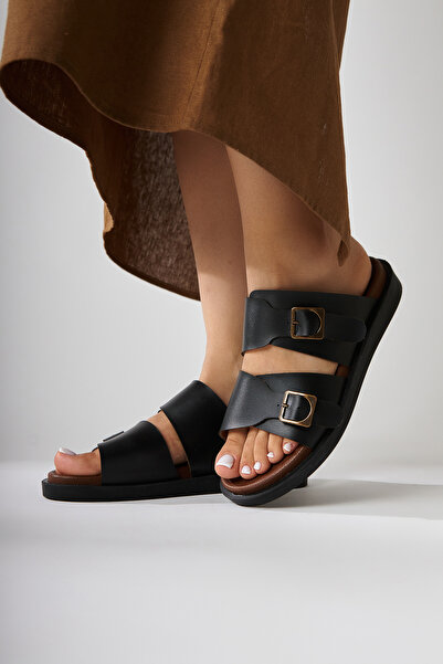 Limoya Γυναικείες παντόφλες Soha Μαύρες Διπλές Ρίγες Επίπεδη Σόλα