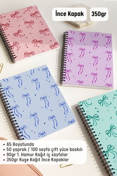 Eldesen Tasarım Spiral Checkered School Notebook Set, A5 / 50 Sheets 100 Sheets Set of 4, Pink Bow