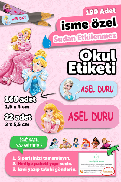 MSticker Okul Etiketi Kalem Defter isimli Etiket Isim Yazılabilen Prenses Tem...