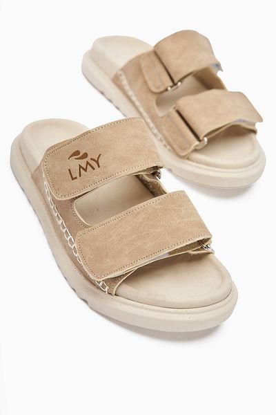 Limoya Yumi Beige Embroidery Detailed Double Banded Women's Slippers