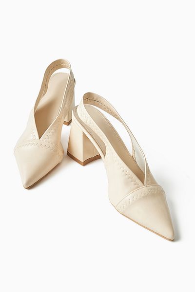 Limoya Essie Ecru Pointed Toe Elastic Stitching Detail Thick Heeled Women's Shoes
