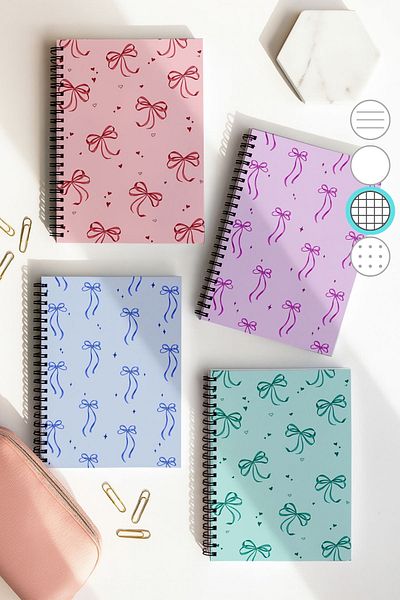 Eldesen Tasarım Spiral Checkered School Notebook Set, A5 / 50 Sheets 100 Sheets Set of 4, Pink Bow