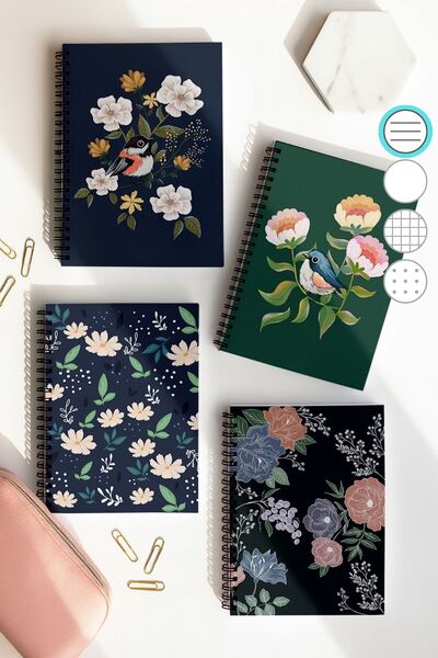 Eldesen Tasarım Spiralli Çizgili Okul Defter Seti, A5 Boyutunda 50 Yaprak 100 Sayfa 4'lü Set, Kuşlu Set