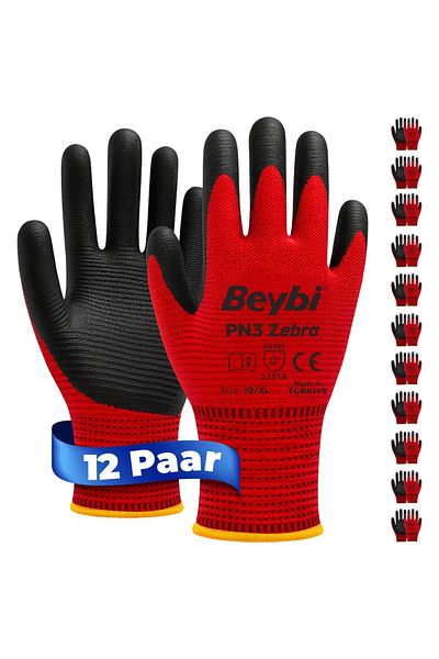 Beybi 12 párov pracovných rukavíc, polyesterové, červené a čierne
