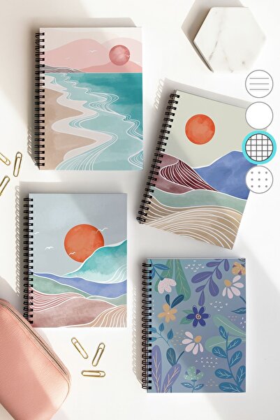 Eldesen Tasarım مجموعة دفاتر مدرسية مربعة الشكل حلزونية، مقاس A5، 50 ورقة، 100 صفحة، مجموعة من 4 قطع، مجموعة بوهولو