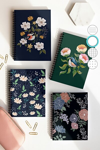 Eldesen Tasarım مجموعة دفاتر مدرسية حلزونية غير مسطرة، مقاس A5، 50 ورقة، 100 صفحة، مجموعة من 4، مجموعة الطيور