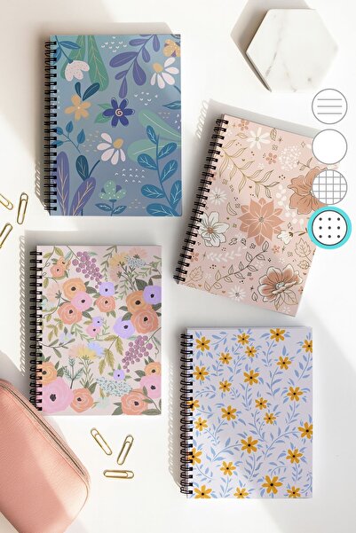 Eldesen Tasarım School Notebook Set with Spiral Dots, A5 Size 50 Sheets 100 Sheets Set of 4, Daisy Set